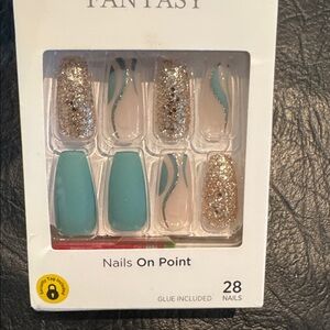 Kiss Teal, Neutral & Gold Glitter Press-On Nails, NEW
